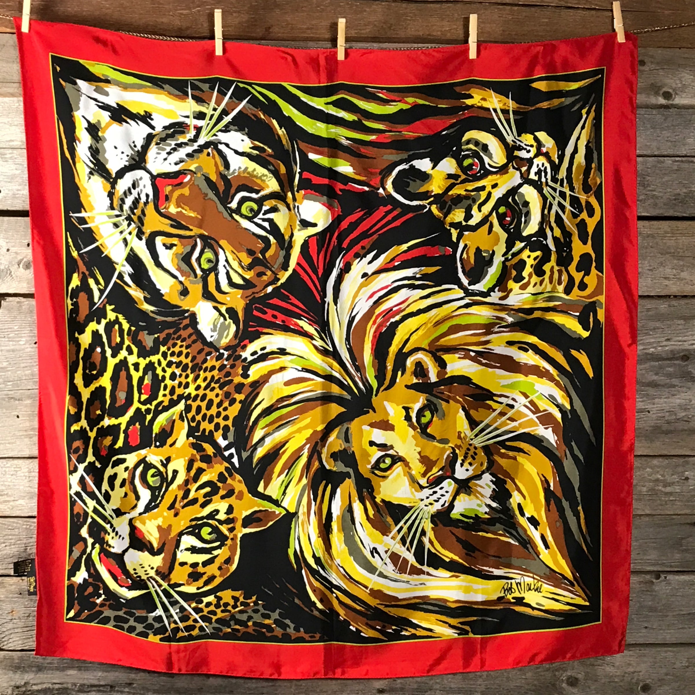 BOB MACKIE Wild Cat Silk Scarf Large Scarf with Heads of Lion